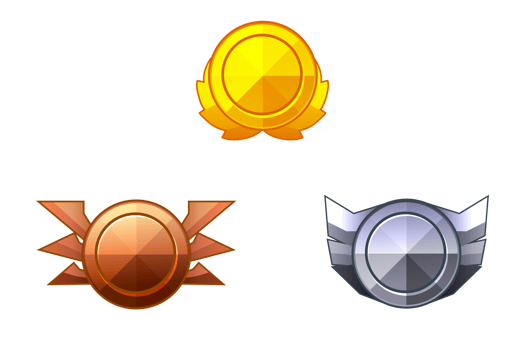 Set of game rank icons isolated. Bronze, silver and gold game badges buttons in circle frame png