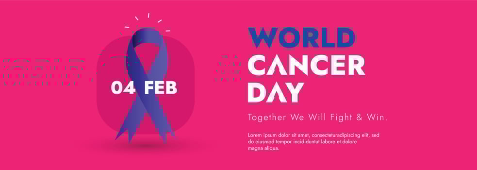 International Cancer Day. World Cancer Day Banner. 4th February world cancer day poster with purple ribbon on pink background. Cover photo and banner. 04 Feb banner template. vector