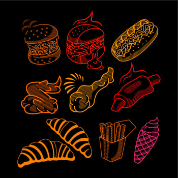 Fast food, burgers, hotdogs, fried chicken and fries vector