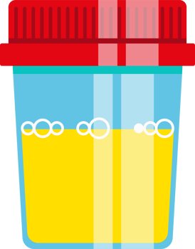 Urine analysis in plastic jar with colored lid. Laboratory test. Flat png