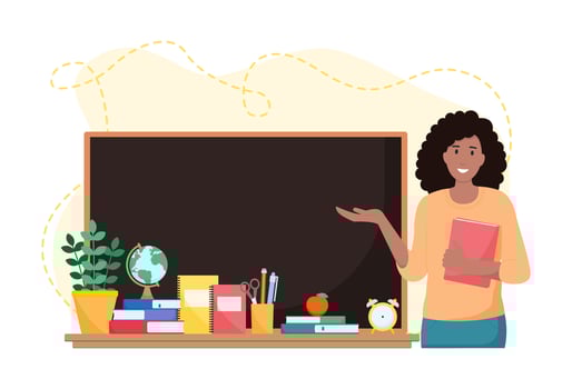 Female teacher in classroom. School and learning concept. Cute vector illustration. Flat cartoon style