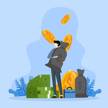 Capitalizing on financial growth, Money bag, Gold coins, Planning, Successful businessman standing and holding a bag of dollar bills, Blue tone character background vector illustration