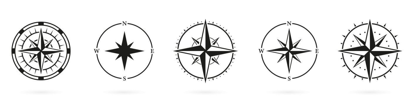 Compass Silhouette Icon Set on White Background. Rose Wind Glyph Pictogram. Navigation Equipment Solid Sign. Navigational Direction to North, South, West, East Symbol. Isolated Vector Illustration.