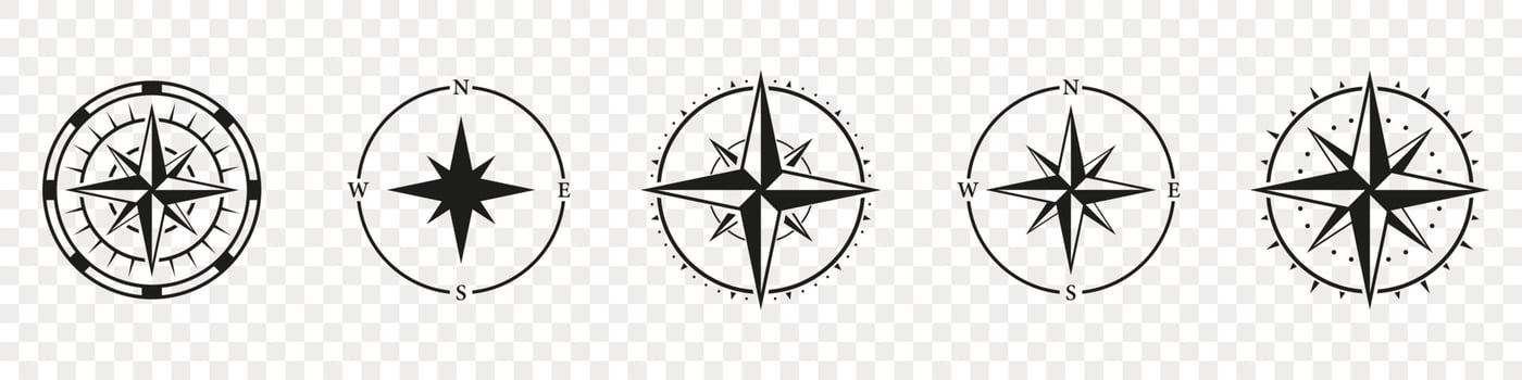 Compass Silhouette Icon Set. Navigational Orientation Equipment Glyph Pictogram. Adventure Direction to North, South, West, East Solid Sign. Windrose, Rose Wind Symbol. Isolated Vector Illustration.