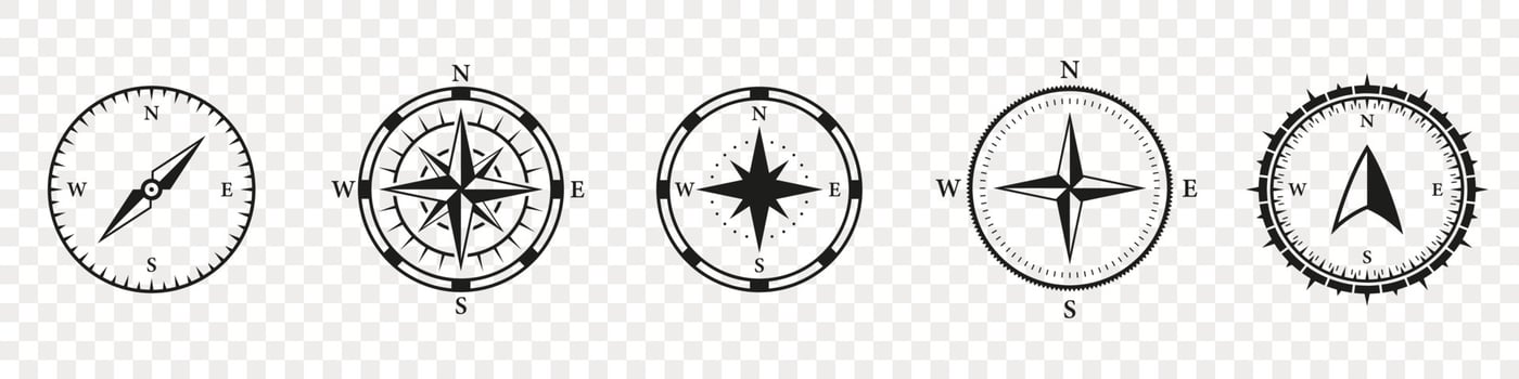 Compass Silhouette Icon Set. Windrose, Rose Wind Symbol. Navigational Orientation Equipment Glyph Pictogram. Adventure Direction to North, South, West, East Solid Sign. Isolated Vector Illustration.