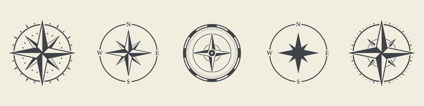Windrose Silhouette Icon Set. Compass Nautical Navigator Cartography Glyph Pictogram. Rose Wind Navigator Icon. Adventure Direction to North South West East Sign. Isolated Vector Illustration.