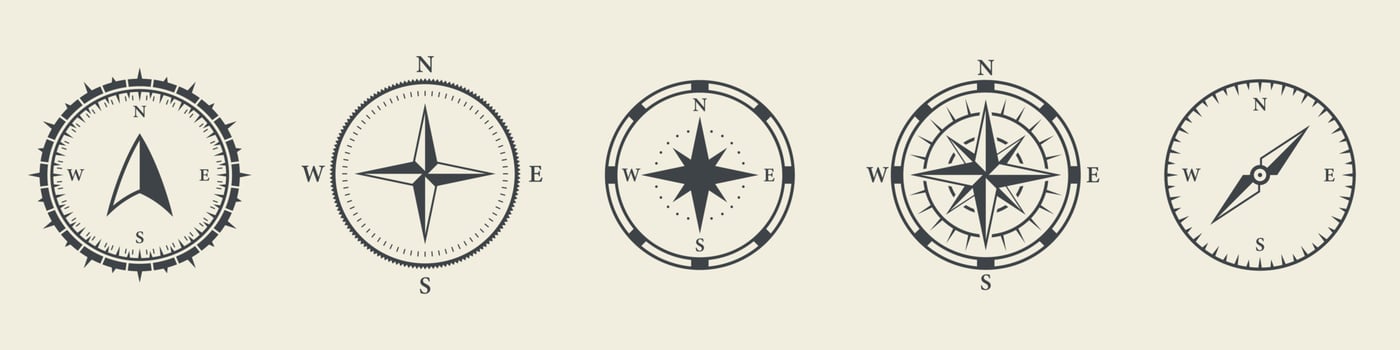 Windrose Silhouette Icon Set. Compass Nautical Navigator Cartography Glyph Pictogram. Rose Wind Navigator Icon. Adventure Direction to North South West East Sign. Isolated Vector Illustration.