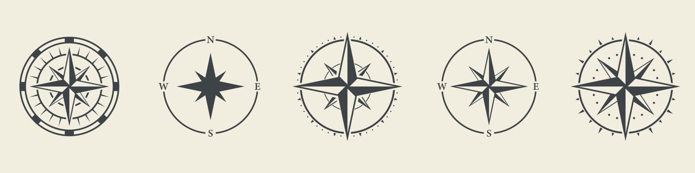 Adventure Direction Arrow to North South West East Orientation Navigator Modern Sign. Compass Map Silhouette Icon Set. Rose Wind Navigation Retro Equipment Pictogram. Isolated Vector Illustration.
