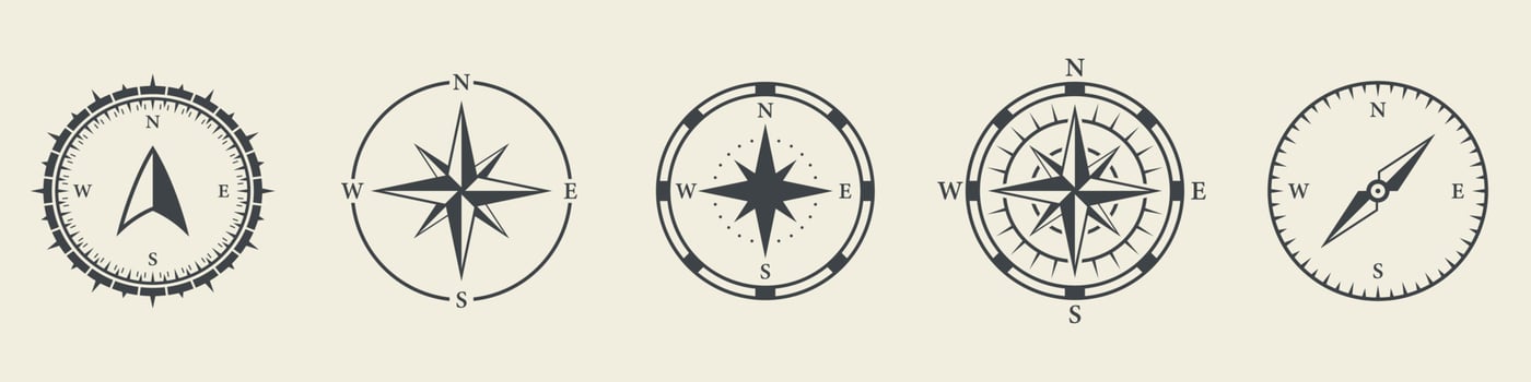 Windrose Silhouette Icon Set. Compass Nautical Navigator Cartography Glyph Pictogram. Rose Wind Navigator Icon. Adventure Direction to North South West East Sign. Isolated Vector Illustration.