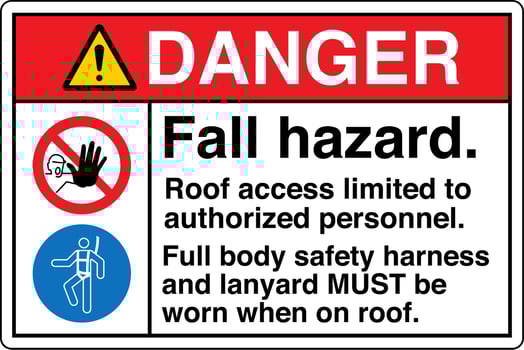 Safety Sign Marking Label Symbol Pictogram Danger Fall hazard Roof access limited to authorized personnel Full body safety harness and lanyard MUST be worn when on roof vector