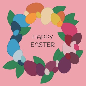 Easter wreath of eggs on pink background. Vector holiday illustration in flat style