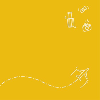 yellow blank travel blank with luggage, camera, and ticket icon and flying plane. travel handrawn illustration background vector