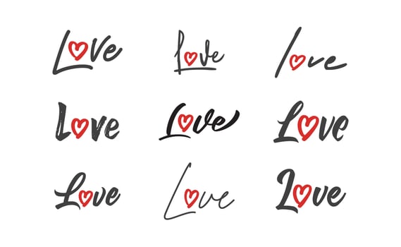 Love lettering with heart shape icon. Hand drawn style romantic card design. vector
