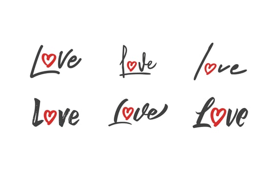 Love lettering with heart shape icon. Hand drawn style romantic card design. vector