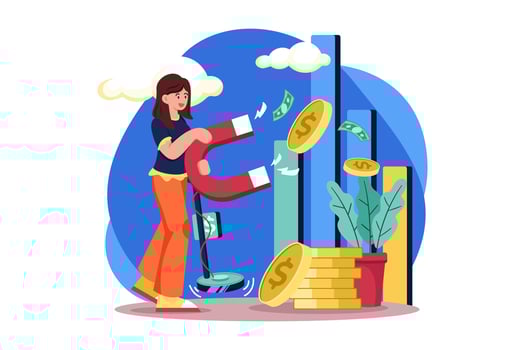 Woman Attracts Money Magnetically Illustration concept on white background vector