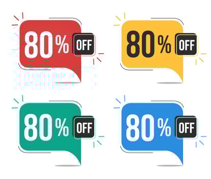 80 percent off. Red, yellow, green and blue tags with eighty percent discount. Banner with four colorful balloons with special offers vector. vector