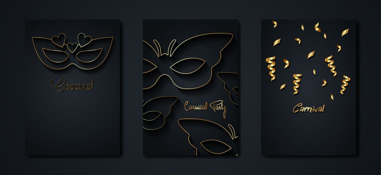 Carnival gold and black posters set, flyer or invitation design. Festive Golden cards. Vector illustration. Elegant luxury tickets with pattern and emblem. Place for your text message. Banners