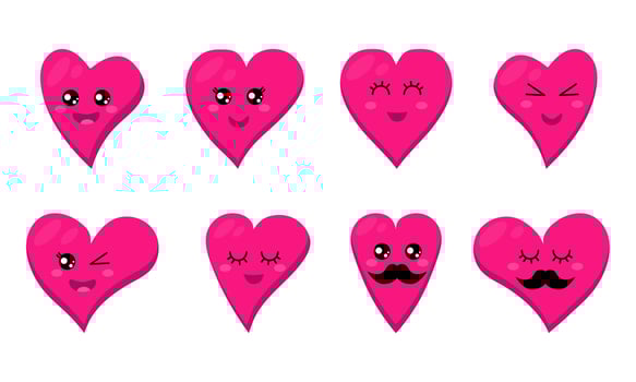 Funny happy heart emoticons, love emoji. Cute cartoon characters. Bright vector set of heart icons