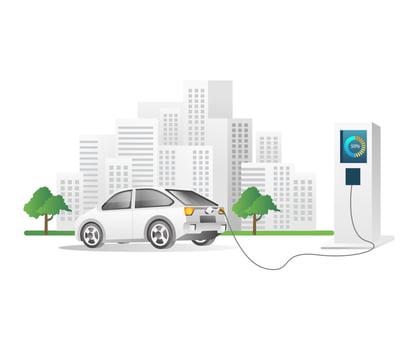 Flat isometric 3d illustration concept of electric car charging at city station vector
