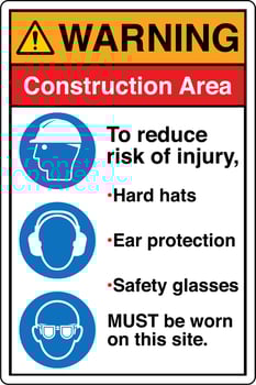 Safety Sign Marking Label Symbol Pictogram Standards Warning Construction Area Ear protection Safety glasses Hard hats MUST be worn on this site vector