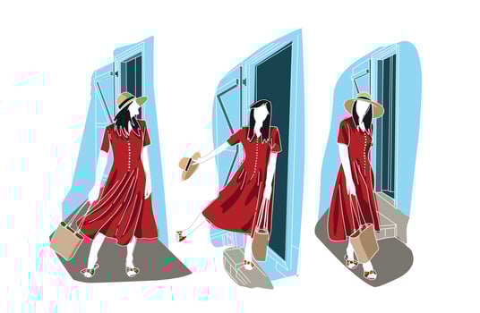 illustration of a girl in a red dress with a big hat and a bag against a blue door background vector design
