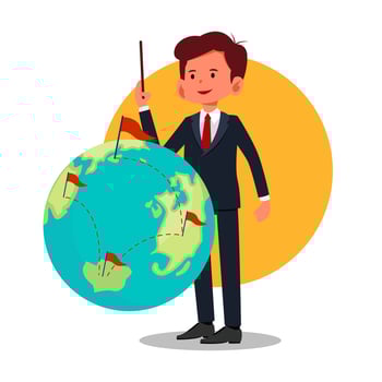 Young business person moving on earth planet. Businessman walking over terrestrial globe vector