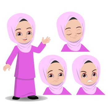 Malay girl in traditional costume and face expression set vector