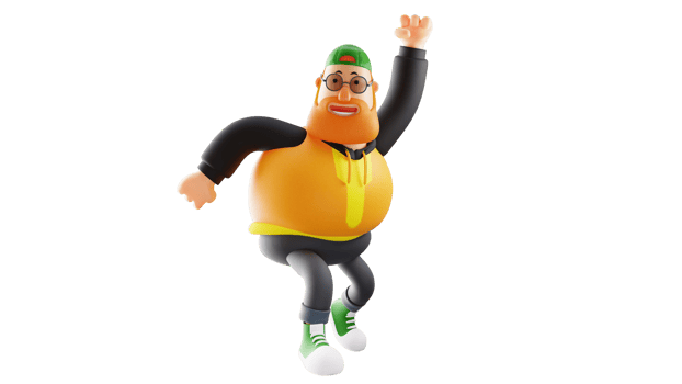 3D Illustration. Cheerful Fat Man 3D Cartoon Character. Rich people smile happily. A man style jumps with enthusiasm. 3D cartoon character png