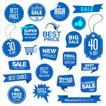 Collection of blue super sale and premium quality badge stickers and tags vector