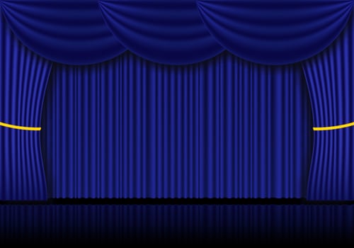 Blue curtain opera, cinema or theater stage drapes. Spotlight on closed velvet curtains background. Vector illustration