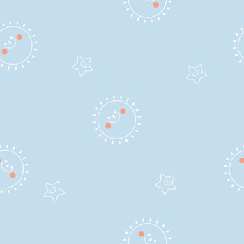 seamless minimal cute, sweet, pastel, line art smiling sun and star repeat pattern in blue background, flat vector illustration design