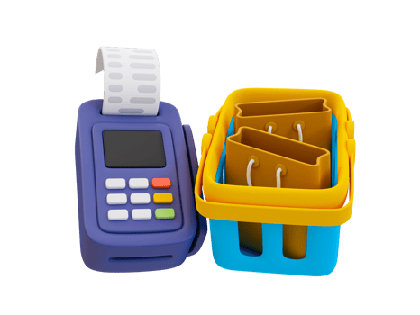 3d minimal cashless payment. grocery checkout. POS terminal with a shopping basket. 3d rendering illustration png