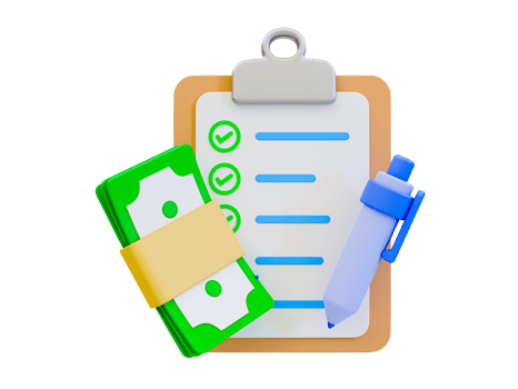 3d minimal balance sheet. Business checklist statement. Clipboard with a financial report, a pen, and a banknote. 3d illustration. png