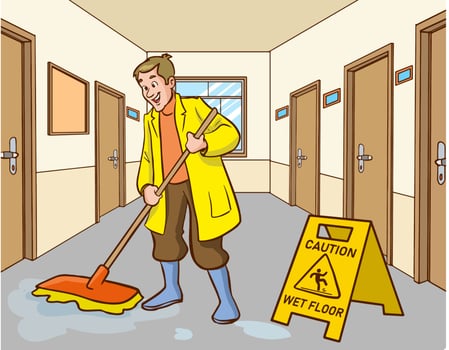 Cleaning staff character with equipment. Cartoon vector illustration.