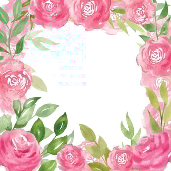 Watercolor Floral Frame with pink Rose flowers and green leaves. Hand drawn square border. Template for greeting cards or wedding invitations on isolated background. Romantic botanical backdrop. vector