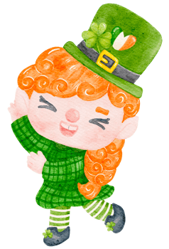 Cute happy smile leprechaun ginger hair girl celebrating  St Patrick cartoon character watercolour png
