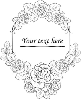 Isolated rose flower line art with leaf clipart, floral border, frame coloring pages. vector