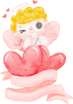 cute watercolour happy cheerful smile Valentine love cupid boy blonde curly hair on ribbon banner cartoon character hand painting illustration png