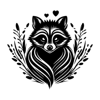 Ornate cute raccoon in love in a forest thicket. Design element for t-shirt, poster, card, banner, emblem, sign. Isolated, black and white vector illustration.