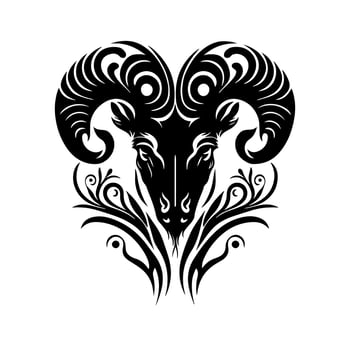 Ram with ornamental horns in a thicket. Design element for tattoo, t-shirt, poster, card, banner, emblem, sign. Isolated, black and white vector illustration.