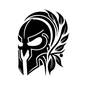 Knight helmet with ornamental leaves sprig. Design element for logo, t-shirt, poster, card, banner, emblem, sign. Isolated, black and white vector illustration.