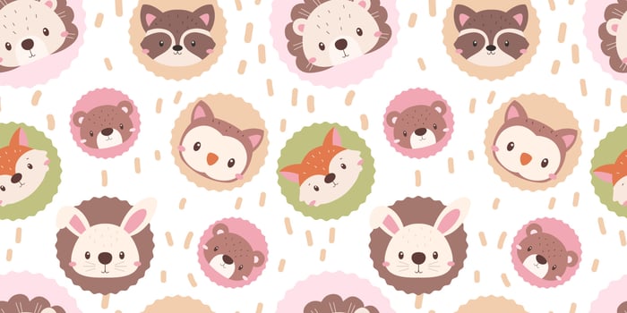 Cute animals face and floral seamless pattern vector