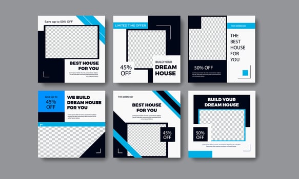 Sets of real estate instagram post social media layouts template design bundle vector. Modern digital marketing square social media promo poster sale discount social media advertising design vector