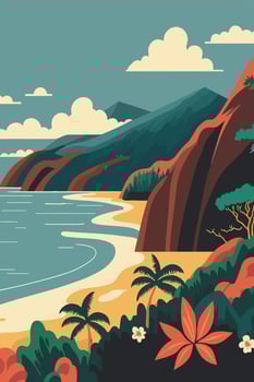 hawai Seascape with mountains and sea. Vector illustration in flat style