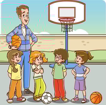 students and teacher in sports lesson cartoon vector