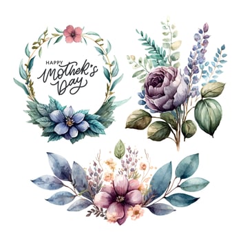 Watercolor floral bouquet illustration set Mother's day - blush pink blue yellow flower green leaf leaves branches bouquets collection. Wedding stationary, greetings, wallpapers, fashion, background. vector