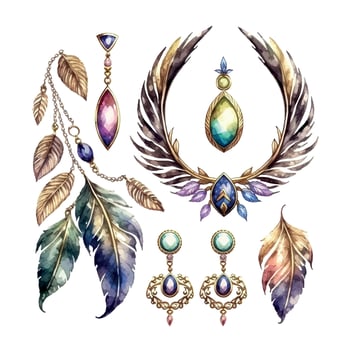 Watercolor jewelry illustration of fashion. Set of gold jewelry with baroque pearls. Necklace with river baroque pearls, pearl earrings, bracelet, pendants. Hand-drown watercolour illustrations. vector