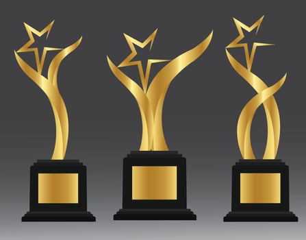 Golden star trophy award of different shape realistic set isolated on gradient background vector illustration.