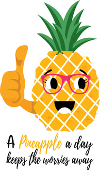 A pineapple a day keeps the worries away. Funny pineapple cartoon showing thumbs up and wearing red sunglasses. vector