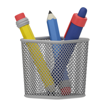 3D render. Metal pencil holder with pencils and ballpoint pen. Plastic 3D render for business, school, marketing, web design. Isolated illustration. png